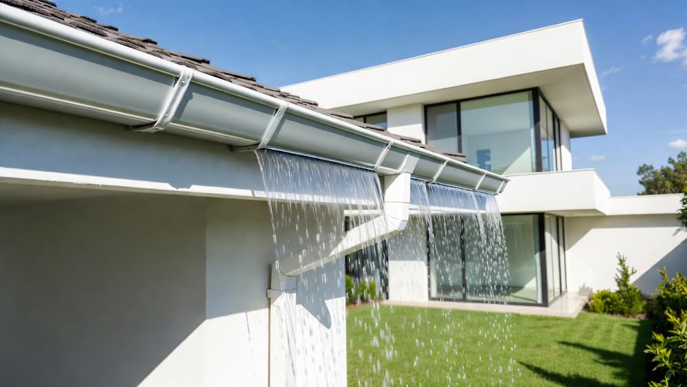 Modern gutter and downspout system on a residential roofline