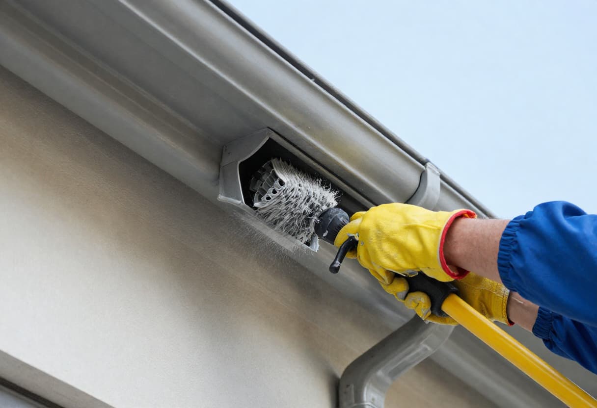 Gutter cleaning specialist on residential roofline