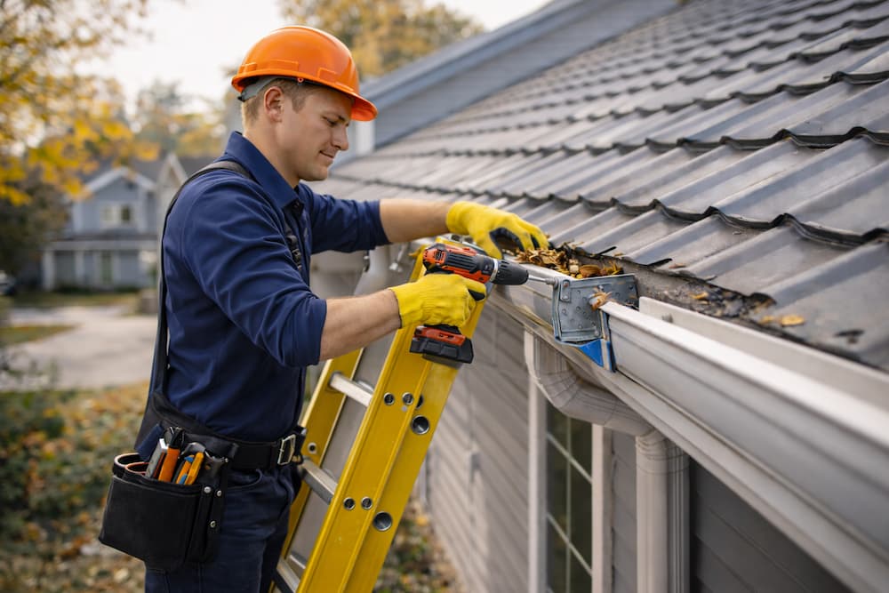 Technician repairing gutter section
